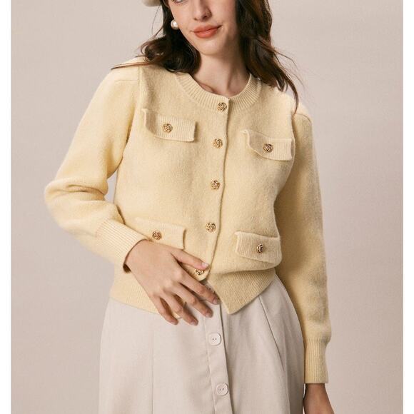 Rihoas Yellow Round Neck Knit Cardigan Sweater Gold Button One Size - Picture 2 of 9